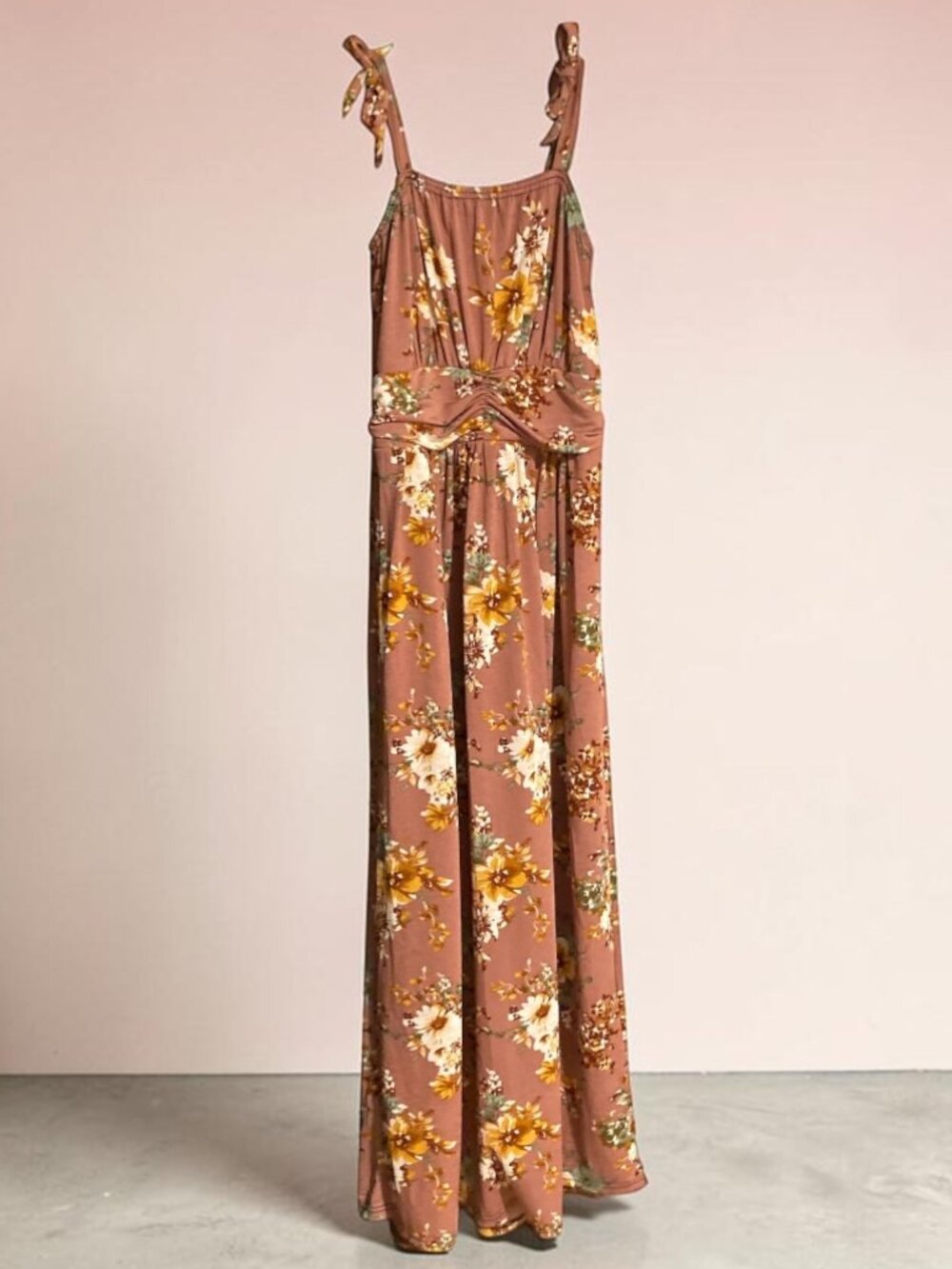 Tie Shoulder Bow Maxi Dress Floral Pink & Green Boutique Small